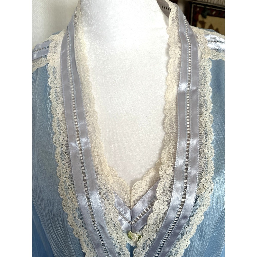 Vintage 70's Tom Bezduda for‎ Barad Two Piece Satin Peignoir Set USA Blue Med - Picture 2 of 16